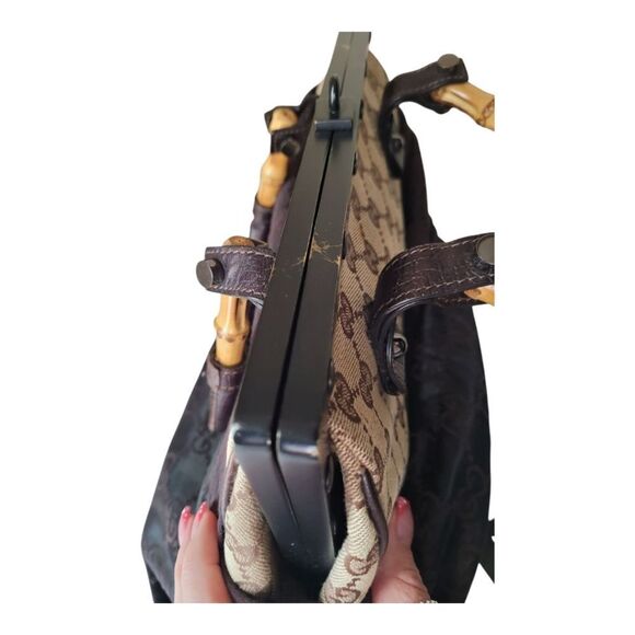 Gucci GG Canvas & Textured Leather Frame Bag with Bamboo Trim Handles - Picture 7 of 9